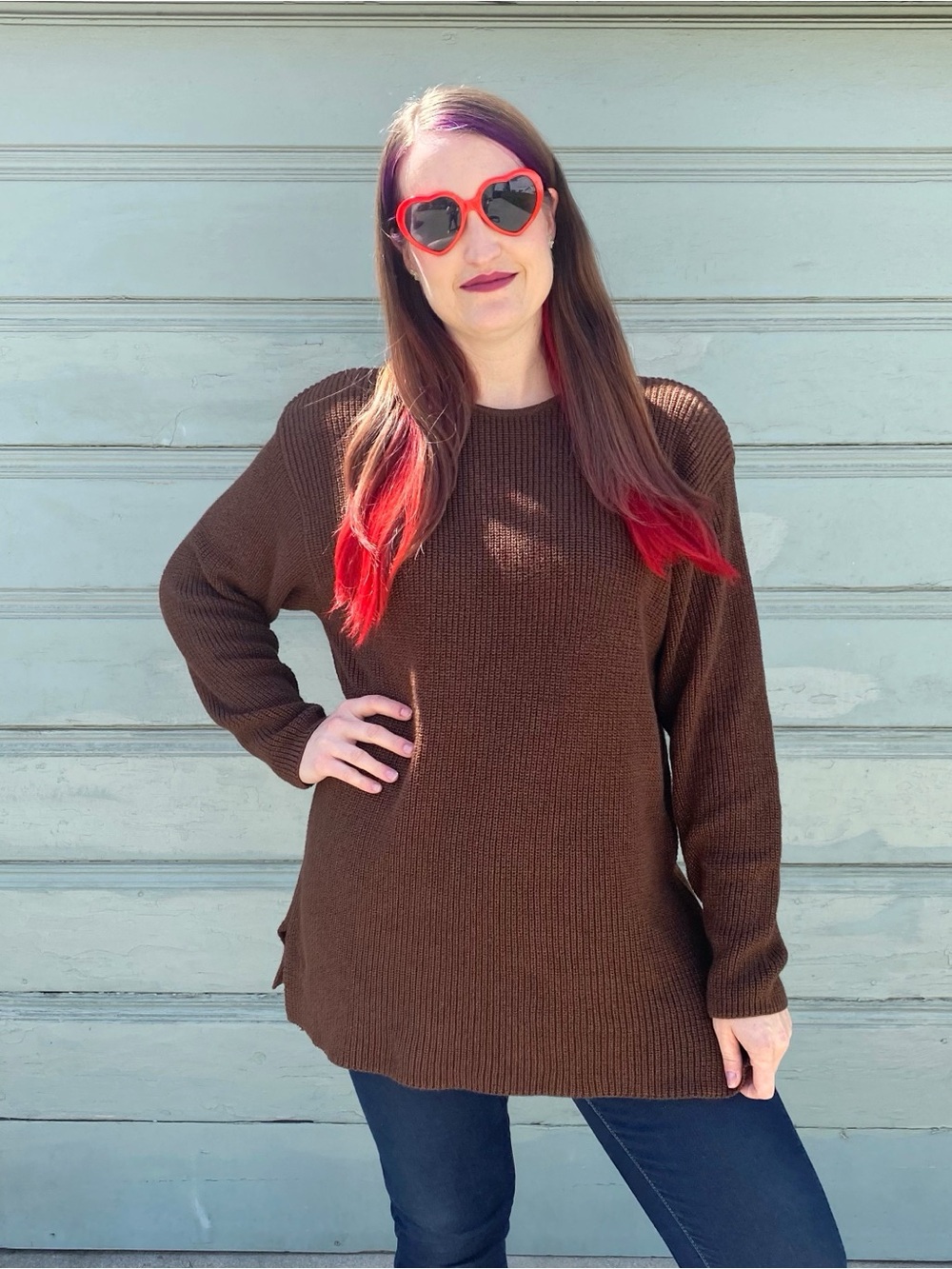 Brown Metallic Knit Long Line Sweater - Casual Crewneck